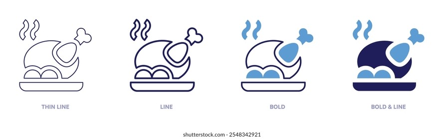 Roast chicken icon in 4 different styles. Thin Line, Line, Bold, and Bold Line. Duotone style. Editable stroke.