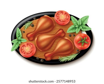 Roast chicken legs on cutting board. Realistic fried turkey on wooden plate, basil and spices, whole and half tomatoes. Baked poultry, barbecue food, grill product menu, vector isolated concept