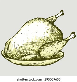 Roast chicken on a plate. Vector image