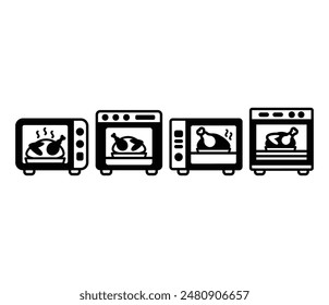 roast chicken in oven cooking icons vector design black white color simple flat modern illustration collection isolated