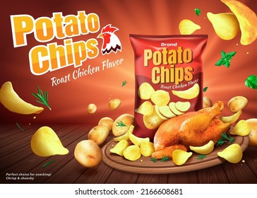 Roast chicken potato chips ad. 3D Illustration of tasty seasoned crisps flying in the air with potatoes and roasted whole chicken on a wooden plate on red background