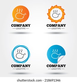Roast chicken sign icon. Hen bird meat symbol. Business abstract circle logos. Icon in speech bubble, wreath. Vector