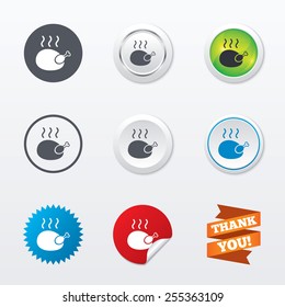 Roast chicken sign icon. Hen bird meat symbol. Circle concept buttons. Metal edging. Star and label sticker. Vector