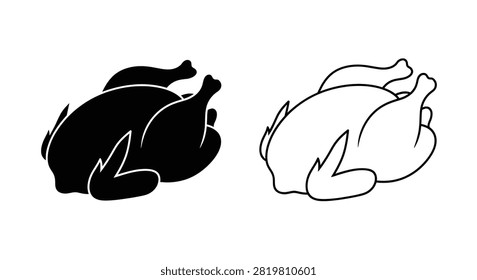 Roast chicken silhouette with outline version on white background silhouette