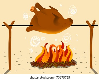 Roast Chicken In The Spit, To The Coal