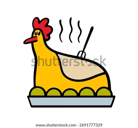 Roast chicken or turkey with apples on a platter. Vector illustration of hot food for the Thanksgiving holiday. A delicious meat lunch with a fork and vegetables on a plate.