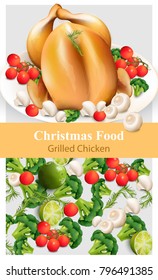 Roast chicken with vegetables Vector realistic. Menu page layout template detailed illustrations