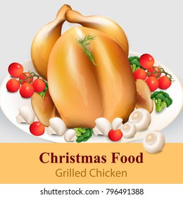 Roast chicken with vegetables Vector realistic. Menu page layout template detailed illustrations