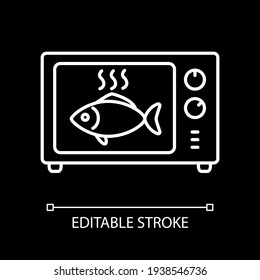 Roast fish in microwave white linear icon for dark theme. Fast cooking, seafood preparation. Thin line customizable illustration. Isolated vector contour symbol for night mode. Editable stroke