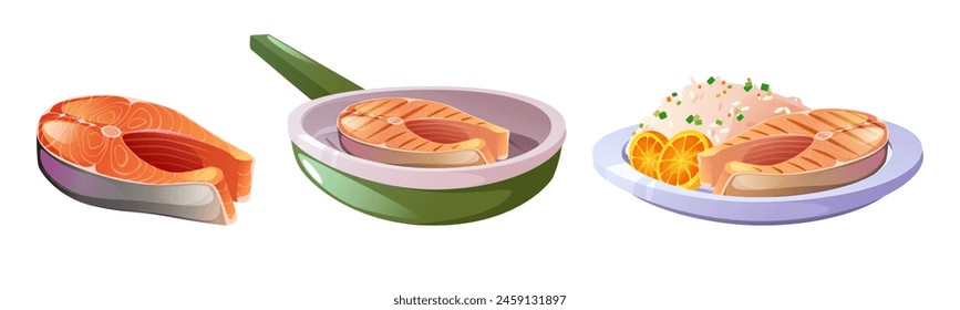 Asado de carne de pescado a la parrilla de dibujos animados bbq alimento icono conjunto. Rebanada aislada de salmón crudo y cocinado en una sartén y un plato para el menú del restaurante. Clipart de platos fritos. Parrilla roja en pieza de barbacoa para la cena