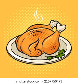 Roast Grilled Chicken Turkey Meat Food Pop Art Retro Vector Illustration. Comic Book Style Imitation.