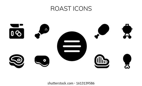 roast icon set. 9 filled roast icons. Included Meat, Steak, Chicken, Chop, Chicken leg, Barbecue icons