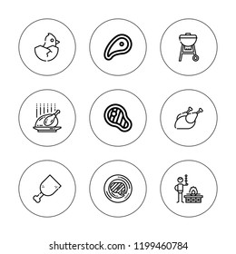 Roast icon set. collection of 9 outline roast icons with barbecue, bbq, chicken, ham leg, meat, roast chicken, steak icons. editable icons.