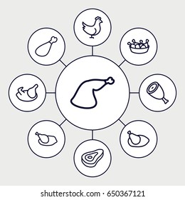Roast icons set. set of 9 roast outline icons such as chicken, beef, chicken leg
