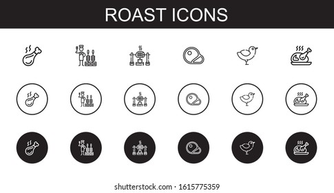 roast icons set. Collection of roast with chicken leg, churrasco, steaks, chicken, turkey. Editable and scalable roast icons.