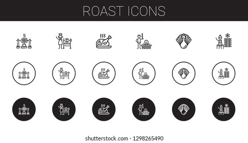 Roast Icons Set. Collection Of Roast With Rotisserie, Turkey, Bbq, Cold Water. Editable And Scalable Roast Icons.