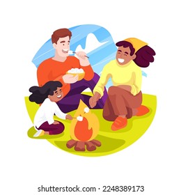 Roast marshmallows isolated cartoon vector illustration. Parents and kids grilling marshmallows on campfire, camping activity, family travel, roasting sweets on a skewer vector cartoon.