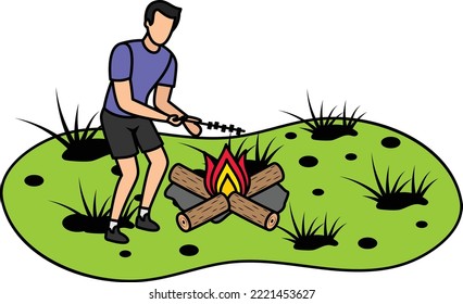 Roast marshmallows on skewer vector icon design, Outdoor weekend Activity symbol, Tourist Holidays Scene Sign, Happy people at Vacation stock illustration, Man of cooking meat on the mountain Concept
