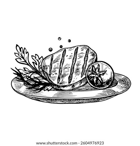 Roast meat with vegetables on plates. Vector graphics depicting a barbecue. A black-and-white hand-drawn illustration. On a white background. For a menu, poster. For cooking recipes, invitations.