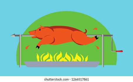 A roast pig on a BBQ spit. Vector illustration.