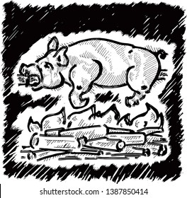 A roast pig on a skewer in a bbq spit. Hand drawn vector illustration. 