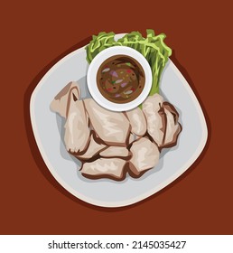 Roast pork neck vector illustration with dipping sauce placed in a plate on a brown background.