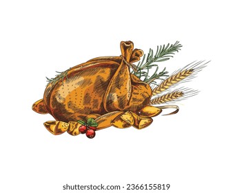 Roast poultry, chicken or turkey, hand drawn vector illustration, isolated on white background. Colored sketch or engraving style. Thanksgiving Day Treat. Meal and food, baked meat with potato.