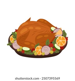 Roast poultry on a platter with oranges. Roast chicken, duck or turkey in flat style. A festive dish on a white background.