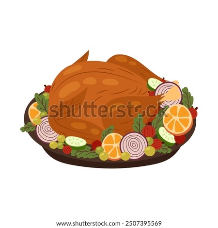 Roast poultry on a platter with oranges. Roast chicken, duck or turkey in flat style. A festive dish on a white background.