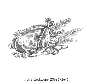 Roast poultry, turkey or chicken, hand drawn vector illustration, isolated on white background. Thanksgiving Day Treat in engraving style. Sketch of meal and food, baked meat with potato.