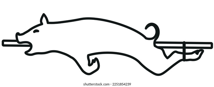 Roast suckling pig on iron logo. Black and white line vector illustration.