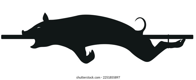 Roast suckling pig on iron logo. Black silhouette vector illustration.