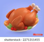 Roast turkey 3d cartoon vector icon
