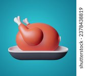 Roast turkey, 3d cartoon vector icon. Thanksgiving turkey 3d model. Christmas roast chicken 3d cartoon vector illustration