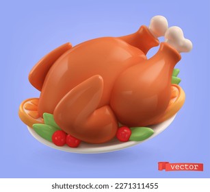 Roast turkey 3d cartoon vector icon