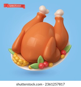 Roast turkey, 3d cartoon vector icon