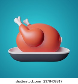 Roast turkey, 3d cartoon vector icon. Thanksgiving turkey 3d model. Christmas roast chicken 3d cartoon vector illustration