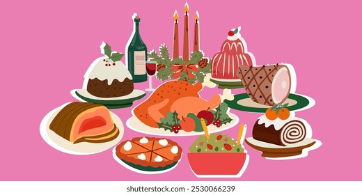 Truthahnvogel auf Teller und andere Gerichte für Thanksgiving oder Erntefest. Festlicher Tisch mit Truthahn, Kerzen, Wein, Salat, Kürbiskuchen, Urlaubsgelee und gebackenem Schweinefleisch. Cartoon-Speisesymbole