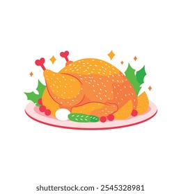 Pavo asado en un plato para el Día de Acción de Gracias o el festival de la cosecha. Pollo asado en un plato. Alimentos de aves de corral navideñas aislados. Pollo frito de carne blanca. Vector ilustración de dibujos animados.