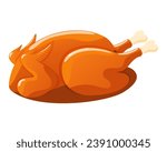 Roast turkey bird for Thanksgiving or harvest festival. Baked grilled chicken. Isolated holiday poultry food. Fried white meat chicken. Vector illustration.