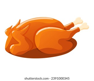 Ave de pavo asado para el festival de Acción de Gracias o cosecha. Pollo asado al horno. Alimentos de aves de corral vacacionales aislados. Pollo de carne blanca frita. Ilustración vectorial.