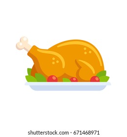 Roast turkey or chicken clip art illustration in flat cartoon vector style. Roasted poultry on plate decorated with lettuce and tomatoes.