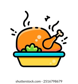 Roast turkey or chicken icon, flat cartoon vector illustration. Thanksgiving Day dinner.