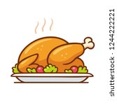 Roast turkey or chicken on plate, traditional holiday dinner vector clip art illustration. Simple cartoon style isolated drawing.