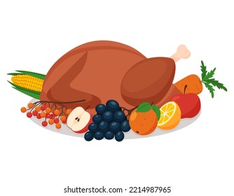 Roast turkey or chicken on a plate, decorated with fruits and vegetables. The symbol of Thanksgiving. Culinary grilled meat dish. Vector illustration isolated on a white background