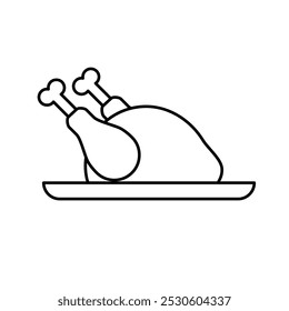 Roast turkey chicken on a plate for Thanksgiving or harvest festival. Baked grilled chicken, Fried white meat chicken isolated on white background. Vector illustration.