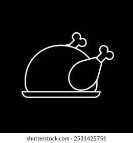 Roast turkey chicken on a plate for Thanksgiving or harvest festival. Baked grilled chicken, Fried white meat chicken. Vector illustration in outline style.