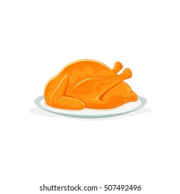 Roast Turkey Or Chicken On Plate, Isolated On A White Background, Christmas Or Thanksgiving Day Theme, Illustration.