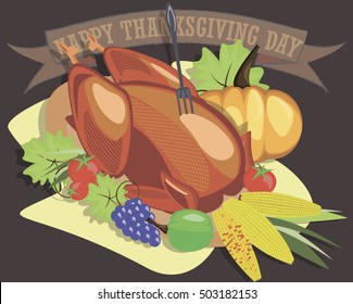 Roast turkey chicken on platter with garnish fruit and vegetables on thanksgiving, Christmas Easter. vector illustration on a dark background with a sign old style "thanksgiving day"