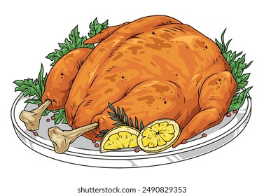 Roast turkey detailed sticker colorful with traditional meat dish for blessing day or Christmas celebration vector illustration